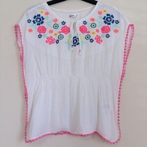 Epic Threads Little Girls Boho Embroidered floral White Pull on Caftan Top sz L